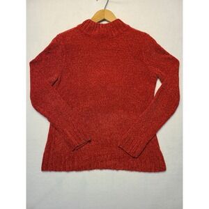 Women Sweater S Red Chenille Mock Neck Knit Top Cozy Fall Autumn Minimal Basic